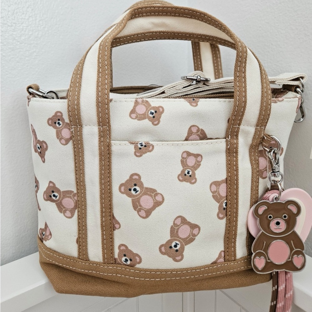 Small Canvas Tote Bag Teddy Bear Pattern w/ Matching Teddy Bear Charm 🧸